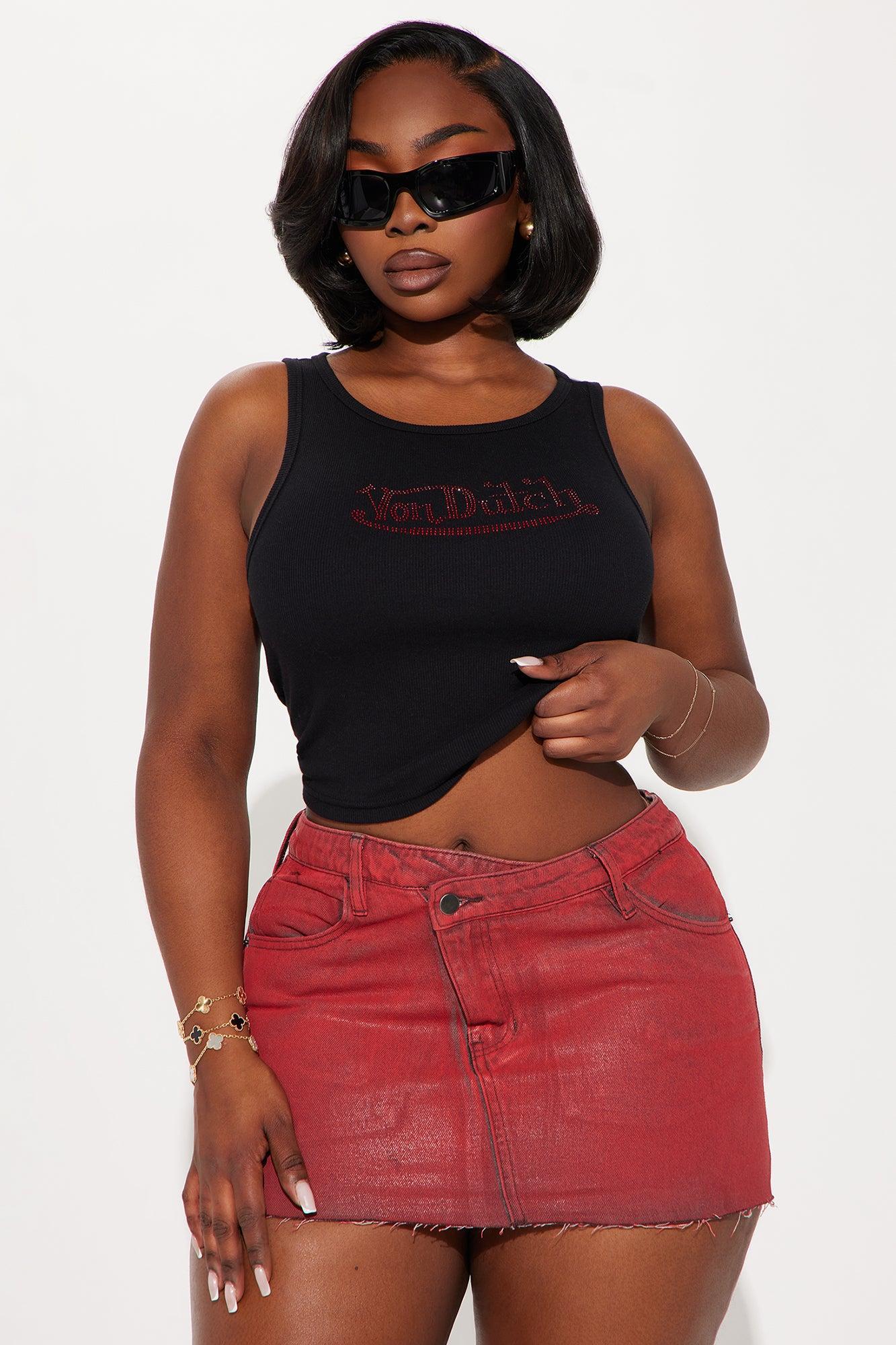 Von Dutch Rhinestone Cropped Tank Top - Black/Red Product Image