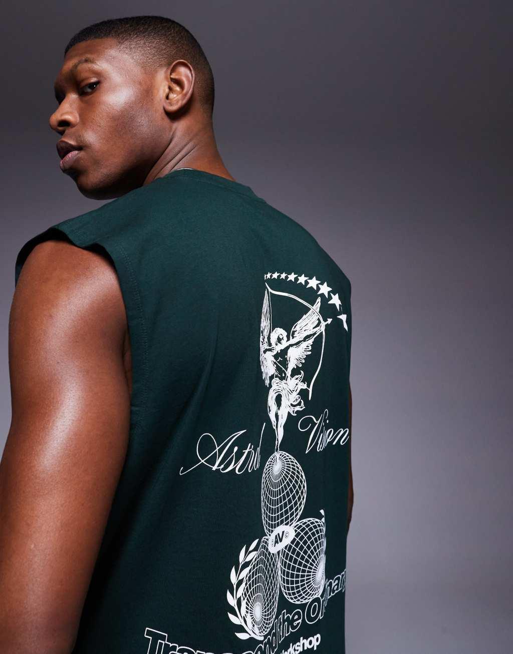 ASOS DESIGN boxy oversized tank with front and back print in dark green Product Image