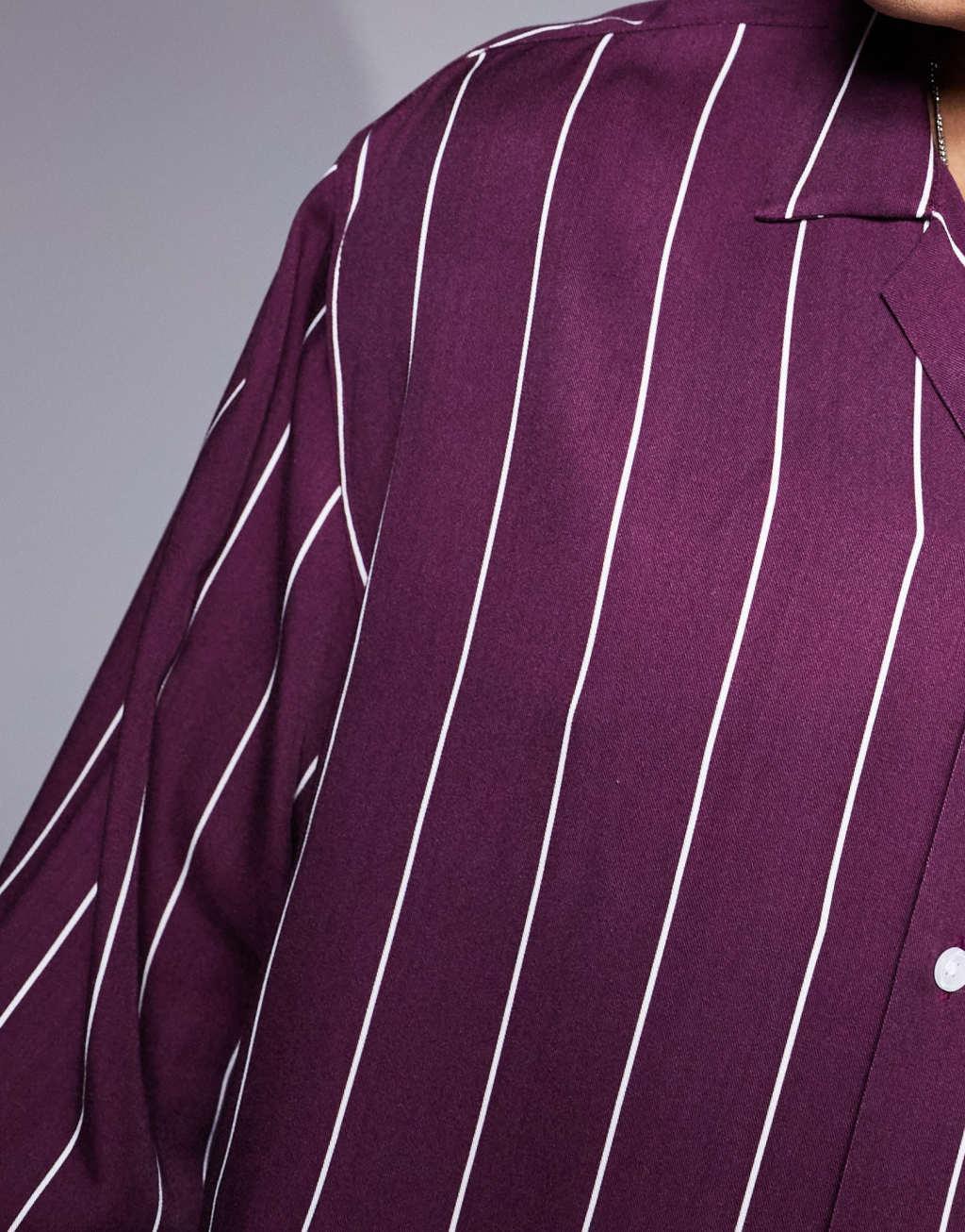 ASOS DESIGN oversized boxy revere shirt in burgundy stripe Product Image
