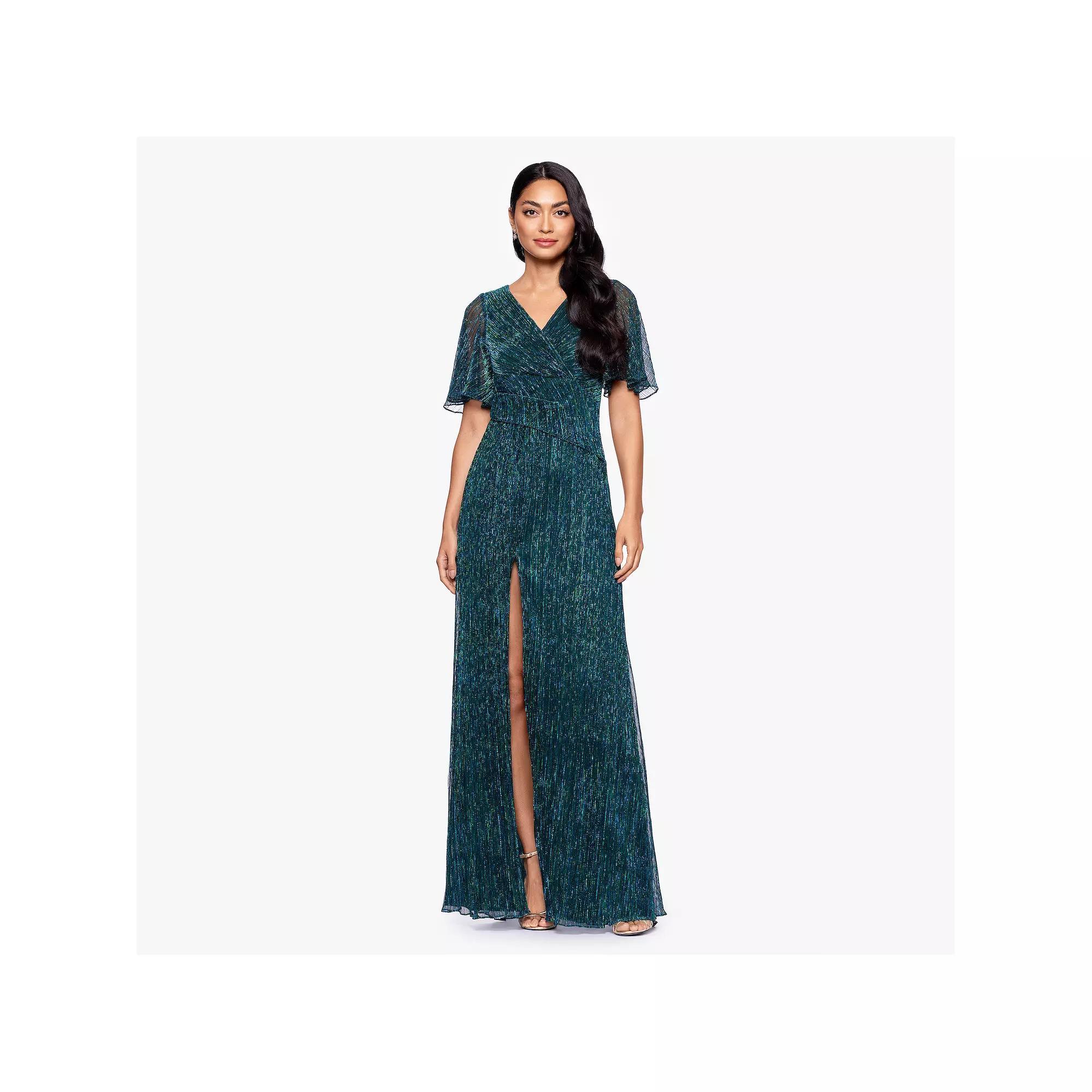 Women's BA Nites Long Metallic Knit V-Neck Short Sleeve Dress, Size: 4, Green Product Image