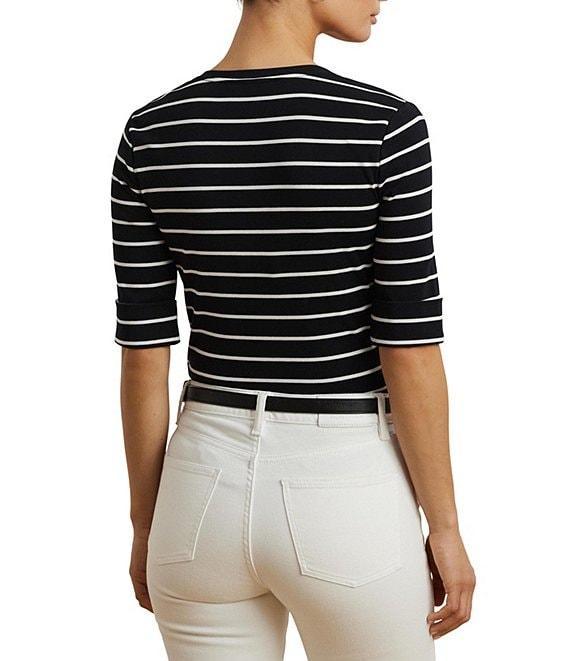 Lauren Ralph Lauren Knit Stripe Stretch Cotton V-Neck Elbow Sleeve Tee Product Image