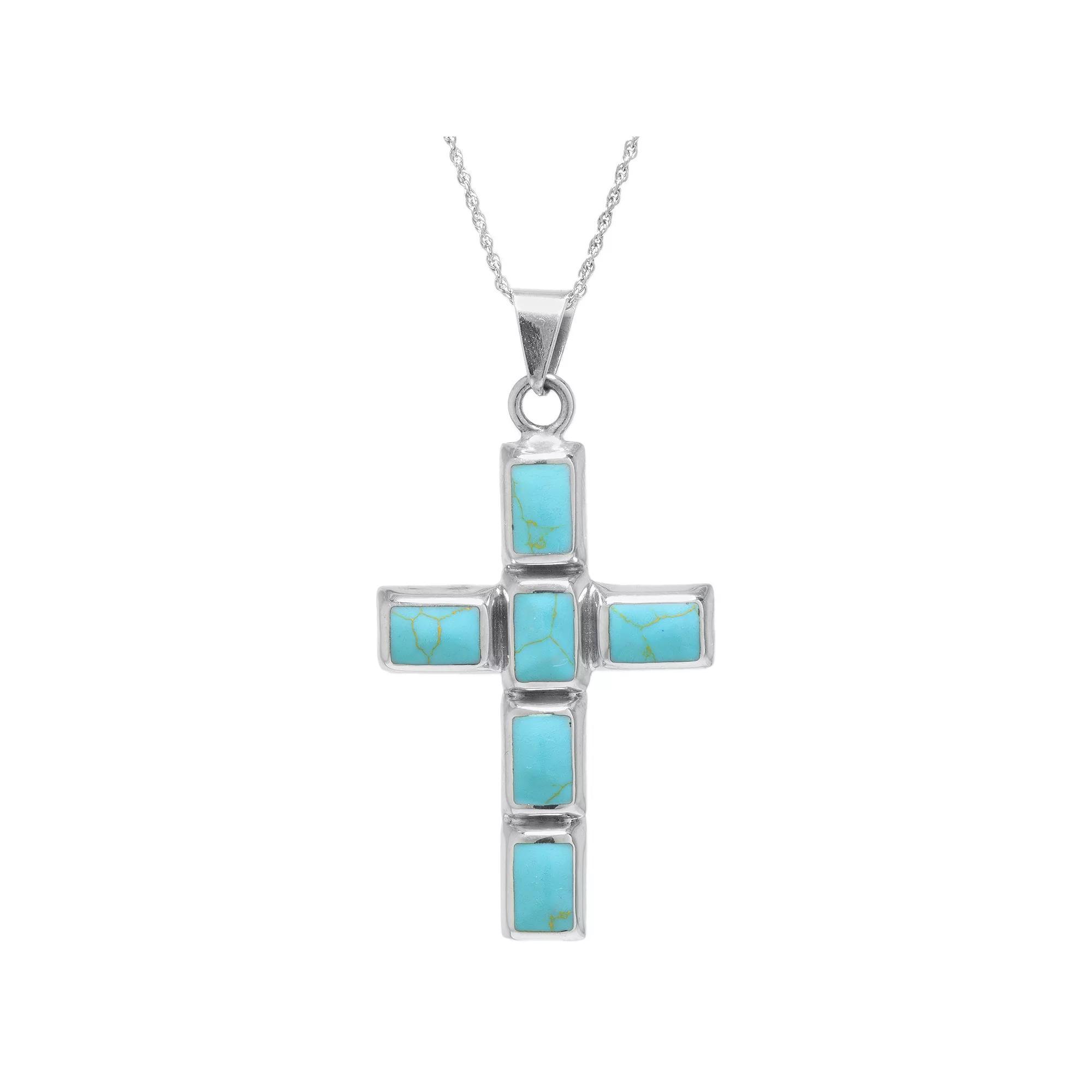 Athra NJ Inc Sterling Silver Enhanced Turquoise Cross Pendant Necklace, Women's Product Image