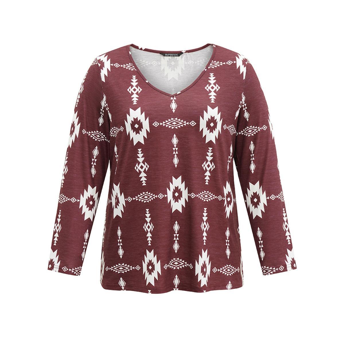 Plus Size Geo & Bandana Print V Neck T-shirt Burgundy Women Casual Printed Bohemian Print V-neck Dailywear T-shirts BloomChic 28/5X Product Image