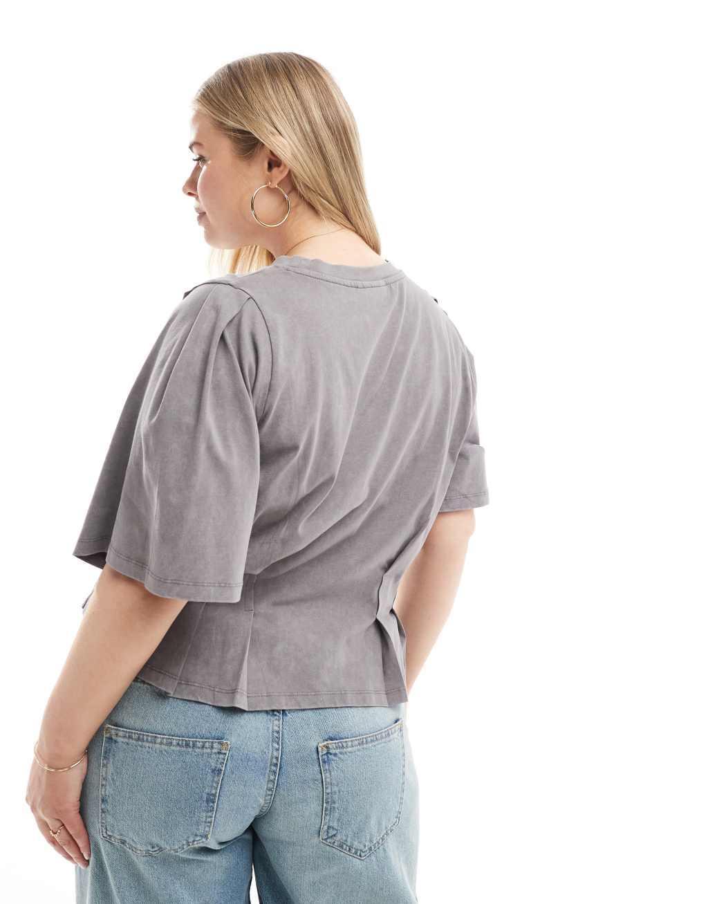ASOS DESIGN Curve seam detail short sleeve corset waist T-shirt in washed gray Product Image