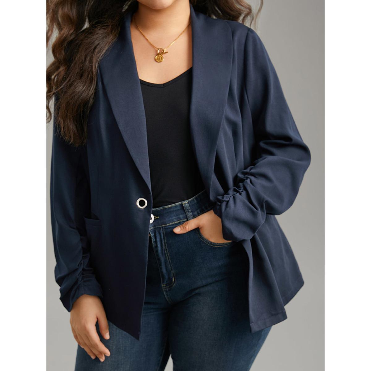 Plus Size Plain Lapel Collar Button Fly Patched Pocket Blazer Midnight Women Dailywear Plain Plain Sleeve Long Sleeve Lapel Collar 30/6X Pocket Casual Blazers BloomChic Product Image