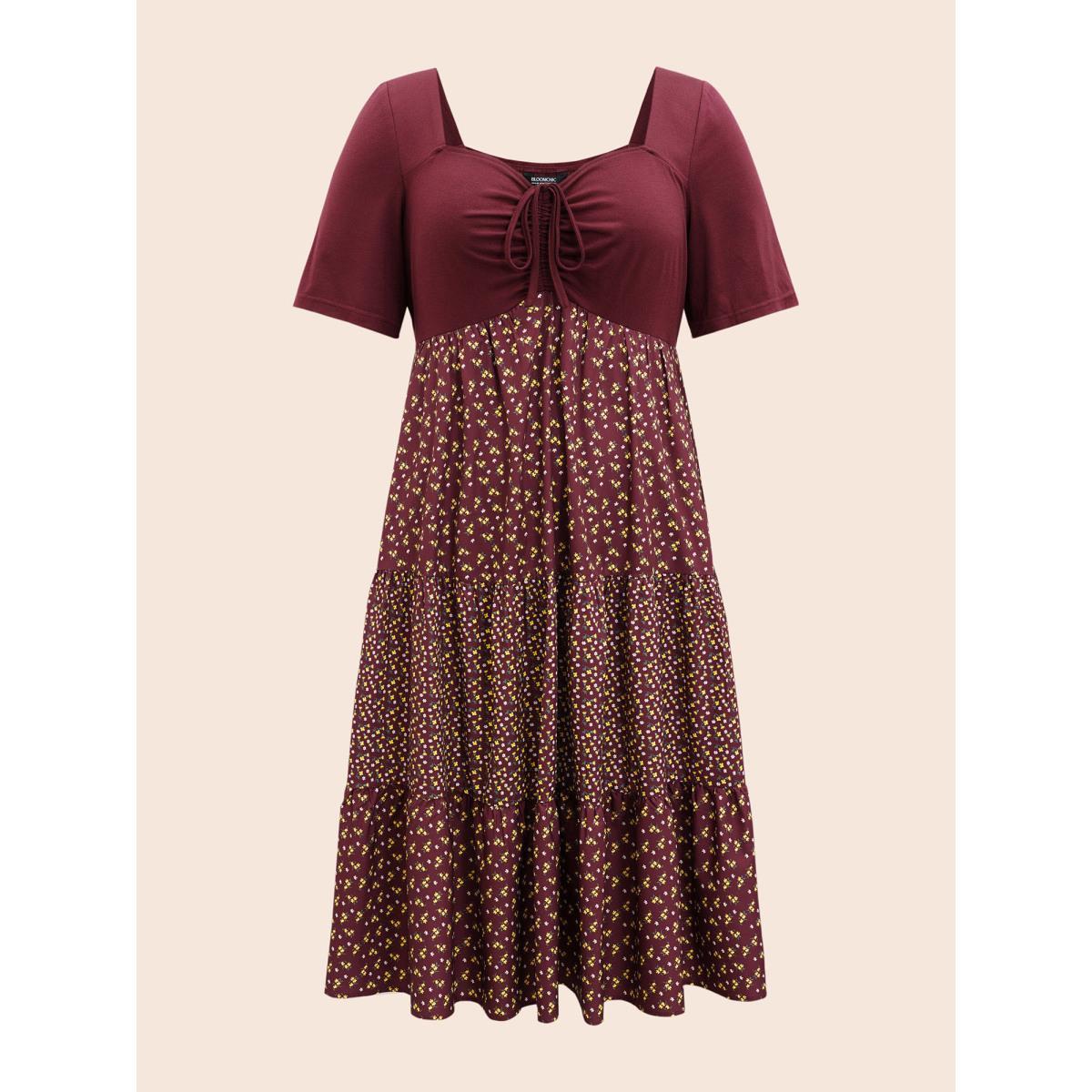 Plus Size Ditsy Floral Patchwork Ruffle Layered Hem Dress Burgundy Women Elegant Patchwork Heart neckline Short sleeve Curvy BloomChic 10/M Product Image