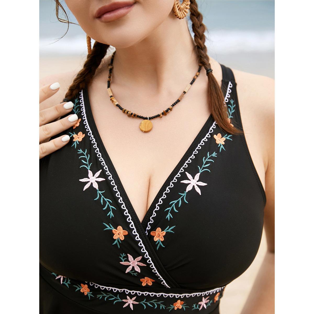 Plus Size Floral Embroidered Overlap Collar Swim Dress Women's Swimwear Black Beach Bodycon Overlap Collar High stretch Curve Swim Dresses BloomChic 22-24/3X Product Image