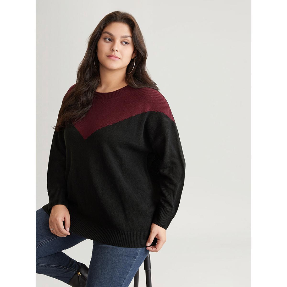 Plus Size Patchwork Colorblock Drop Shoulder Pullover Burgundy Women Casual Loose Long Sleeve Round Neck Dailywear Pullovers BloomChic 30/6X Product Image