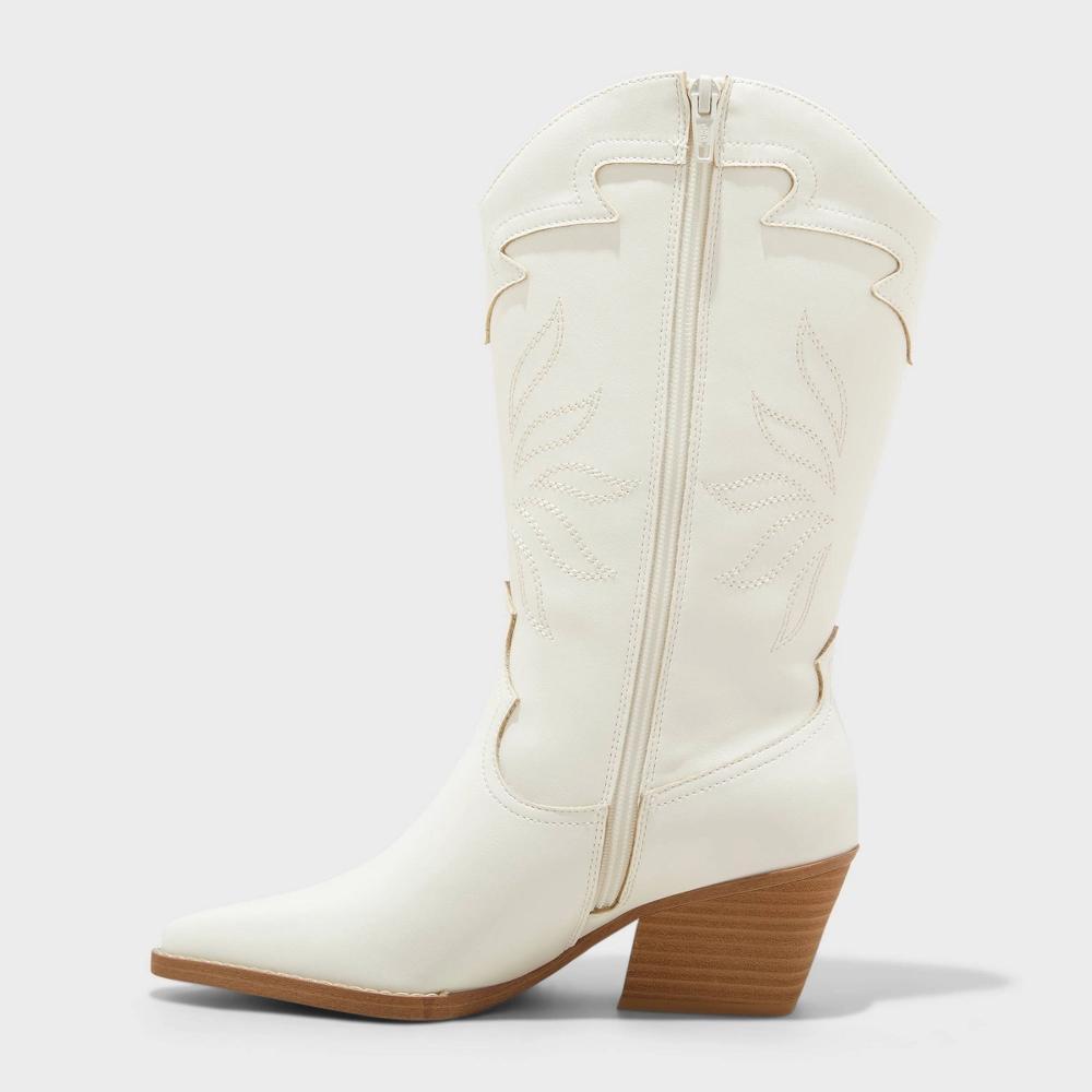 Womens Studded Western Cowboy Boots with Memory Foam Insole - Universal Thread Off-White 8.5: Mid Calf, Zipper Closure, Block Heel Product Image