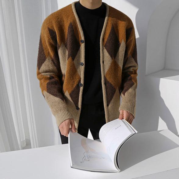 RT No. 3457 KNITTED COLLARLESS DIAMOND CARDIGAN Product Image