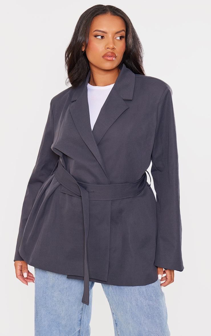 Plus Charcoal Wide Belted Waist Blazer Product Image