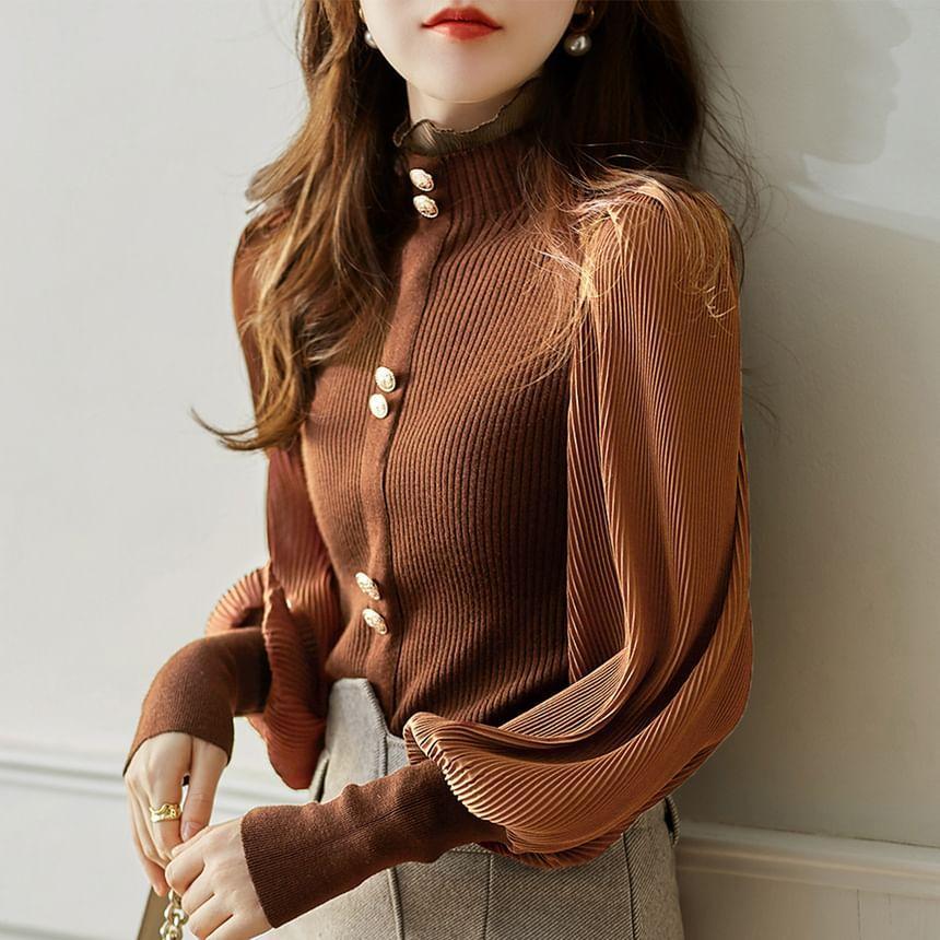 Balloon-Sleeve Turtleneck Plain Knit Top Product Image