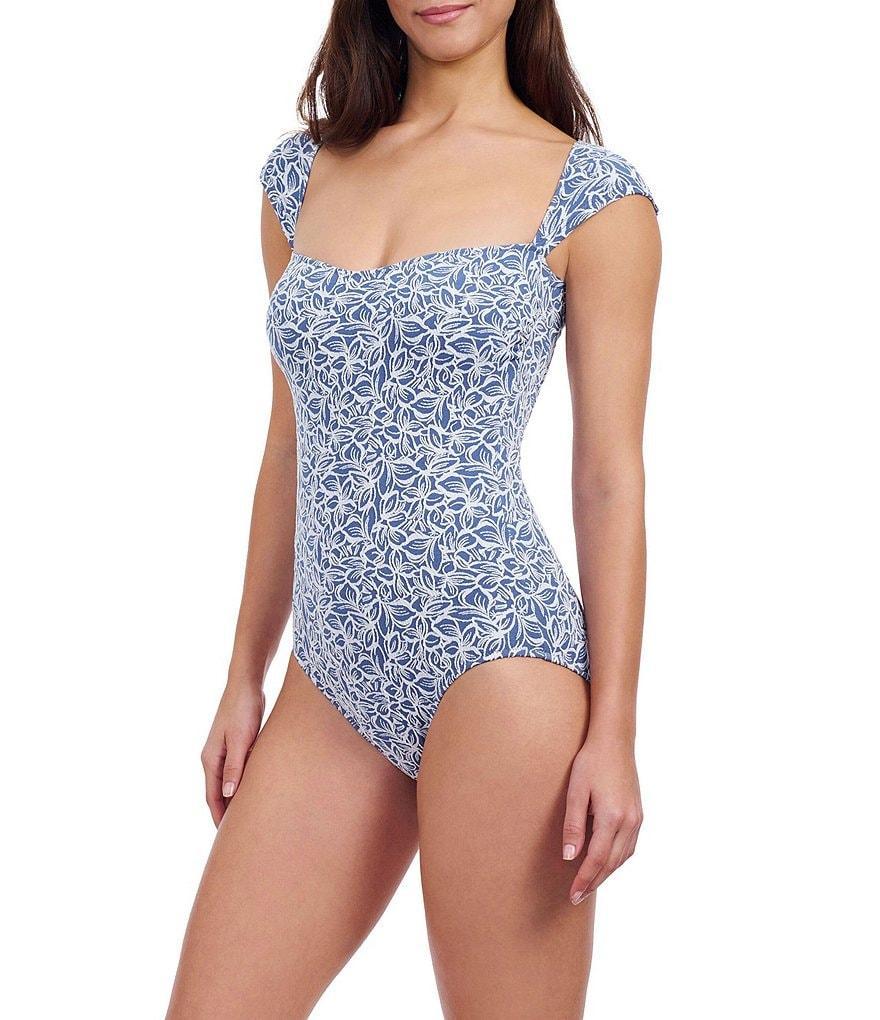 Profile by Gottex Plumeria Texture Knit Leafy Print Square Neck Cap Sleeve Open Back One Piece Swimsuit Product Image