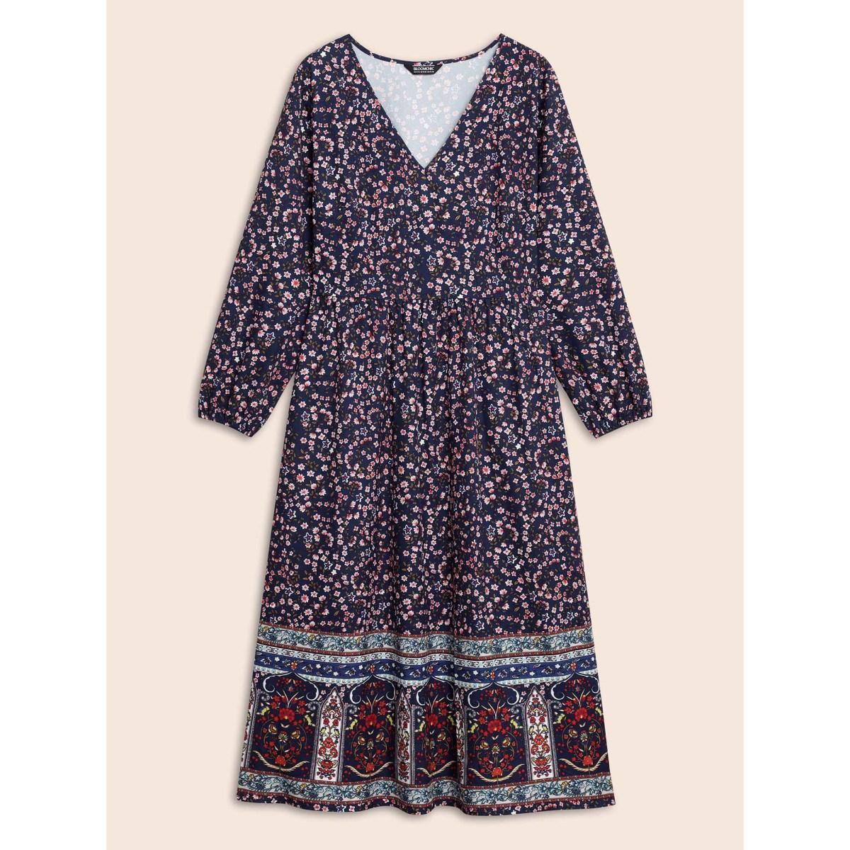 Plus Size Boho Print Lantern Sleeve Midi Dress DarkBlue Women Resort Non V-neck Long Sleeve Curvy BloomChic 18-20/2X Product Image