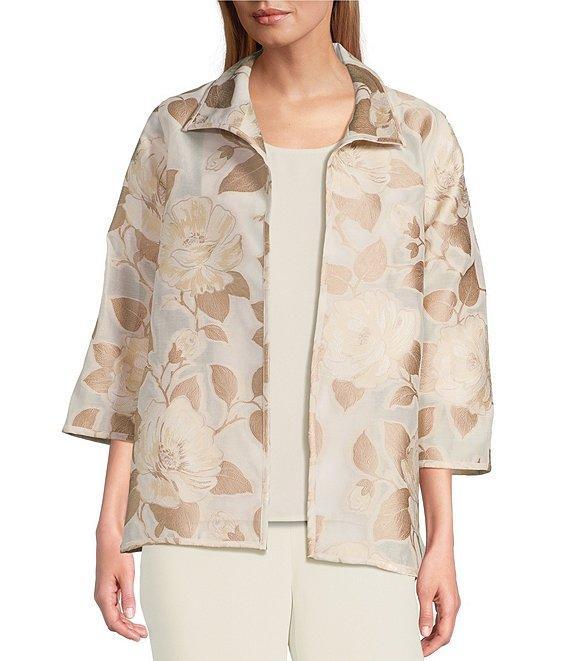 Caroline Rose Natural Beauty Floral Jacquard Fold-Back Stand Collar Bracelet Sleeve Open-Front Jacket Product Image