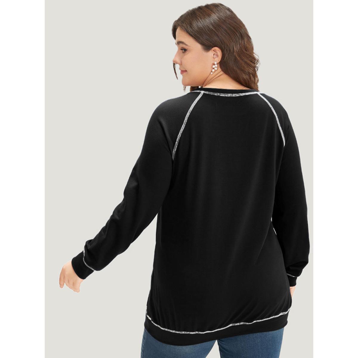 Plus Size Floral Print Stitch Crew Neck Raglan Sleeve Sweatshirt Women Black Casual Elastic cuffs Dailywear Sweatshirts BloomChic 10/M Product Image