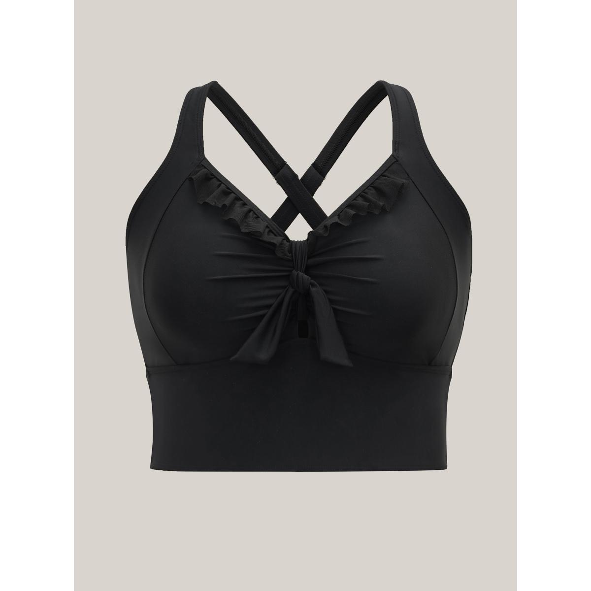 Plus Size Bust Knot-Tie Ruffle Trim Supportive Swim Top Women's Swimwear Black Beach Knotted High stretch Skinny Heart neckline Curve Swim Tops BloomChic 12/L Product Image