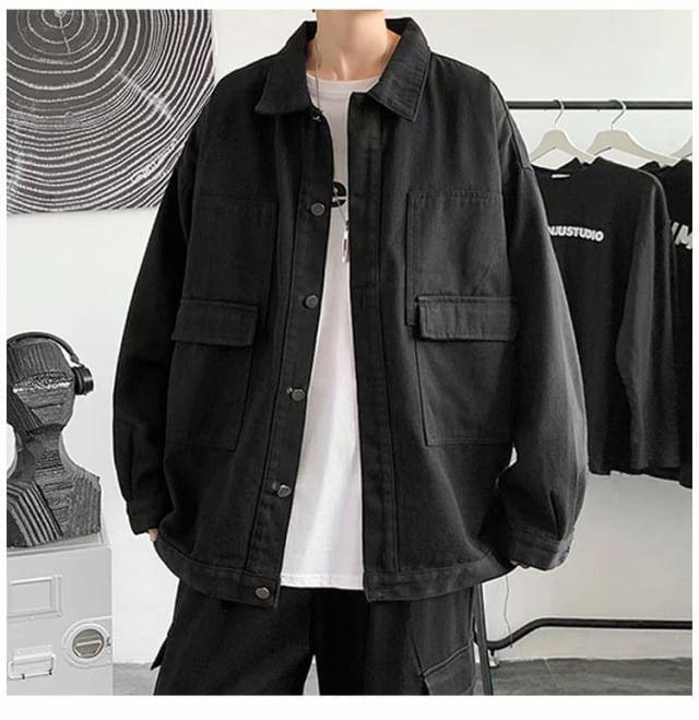 Washed Button-Up Denim Jacket Product Image