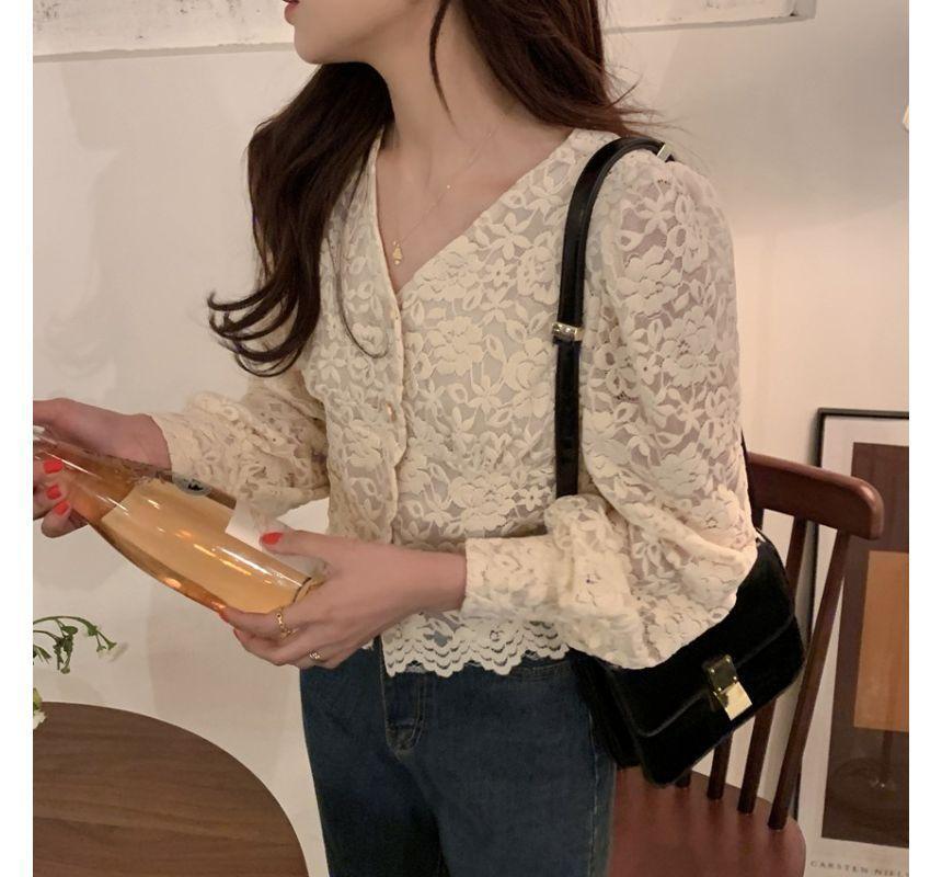 Long-Sleeve V-Neck Lace Cropped Blouse Product Image