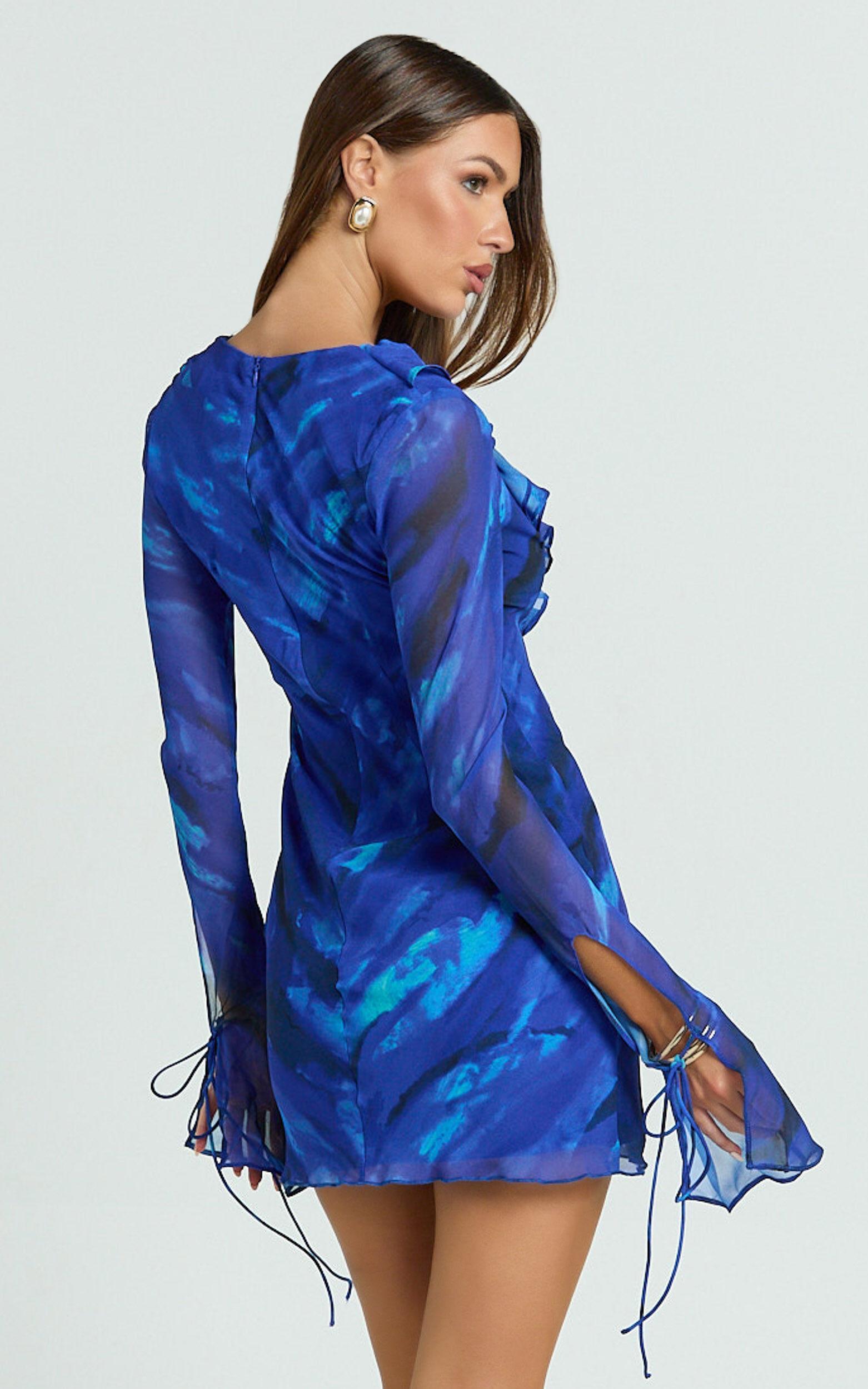 Alesya Mini Dress - Ruffle Plunge Neck Long Sleeve Tie Detail Dress in Blue Abstract Product Image