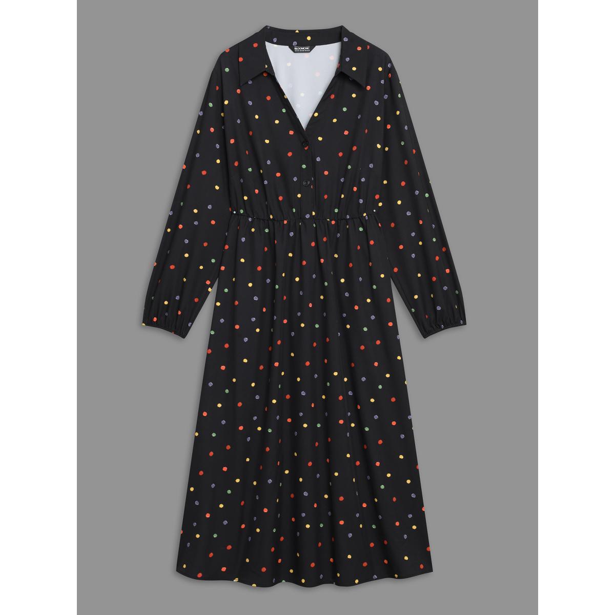 Plus Size Shirt Collar Colored Polka Dot Dress Black Women Elegant Button Shirt collar Long Sleeve Curvy BloomChic 12/L Product Image