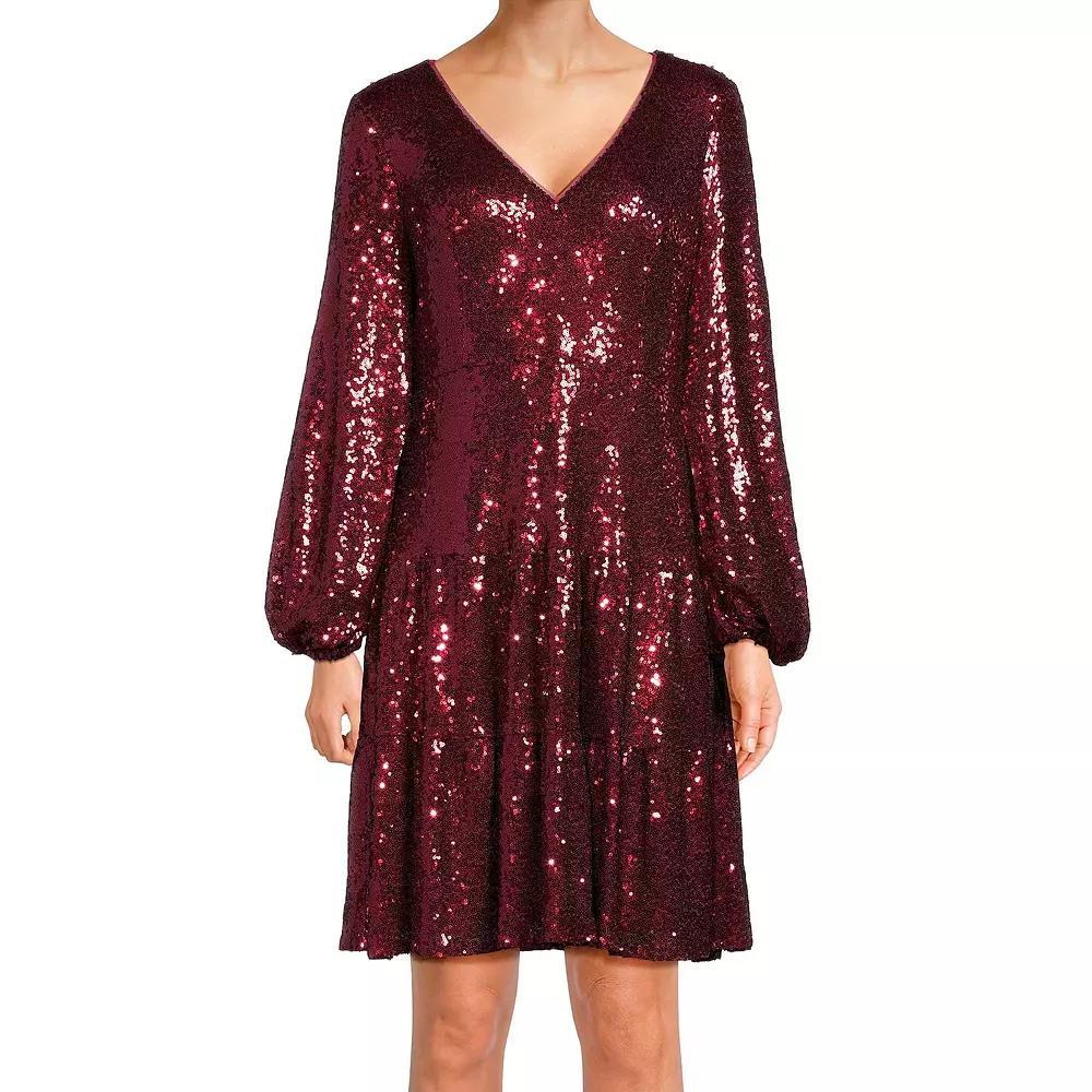 Women's Focus By Shani Fit & Flare V-Neck Sequin Dress, Size: 4, Red Product Image