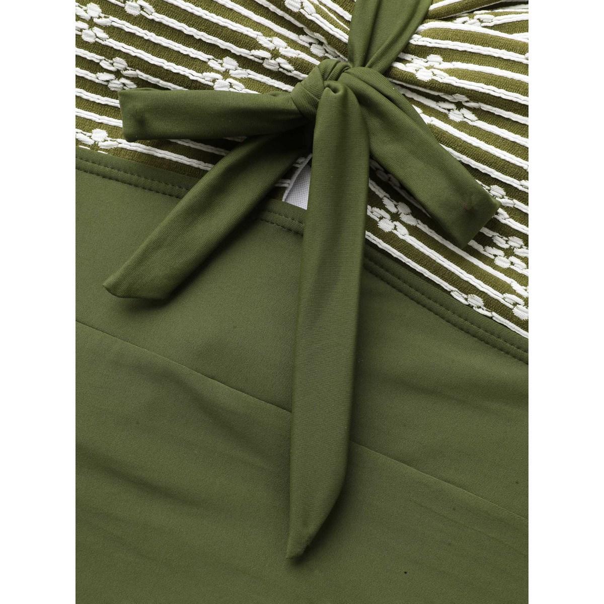 Plus Size Striped Adjustable Bow-Front One-Piece Swimsuit Women's Swimwear ArmyGreen Beach Gathered Curve Bathing Suits High stretch One Pieces BloomChic 22-24/3X Product Image