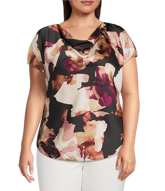 Anne Klein Plus Size Cowl Neck Short Sleeve Printed Satin Blouse Product Image