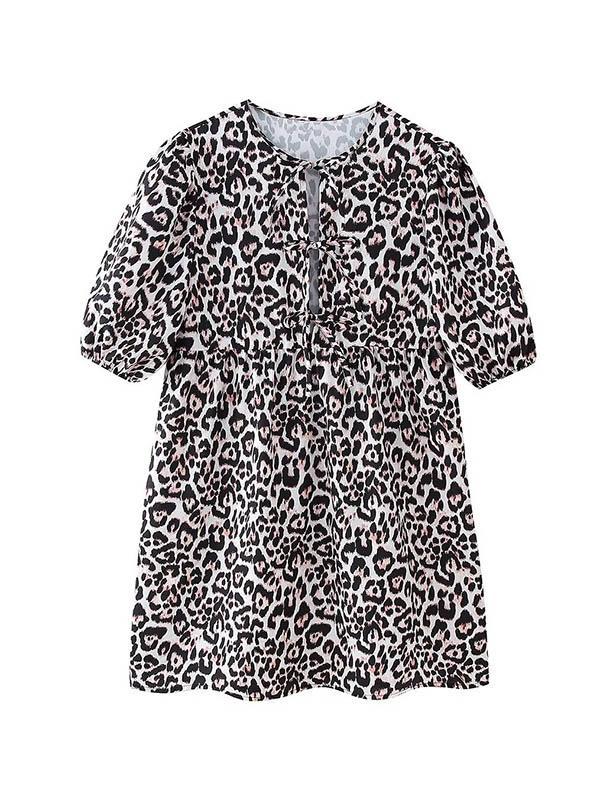 Loose Puff Sleeves Elasticity Hollow Lace-Up Leopard Pleated Printed Split-Joint Round-Neck Blouses&Shirts Tops Product Image