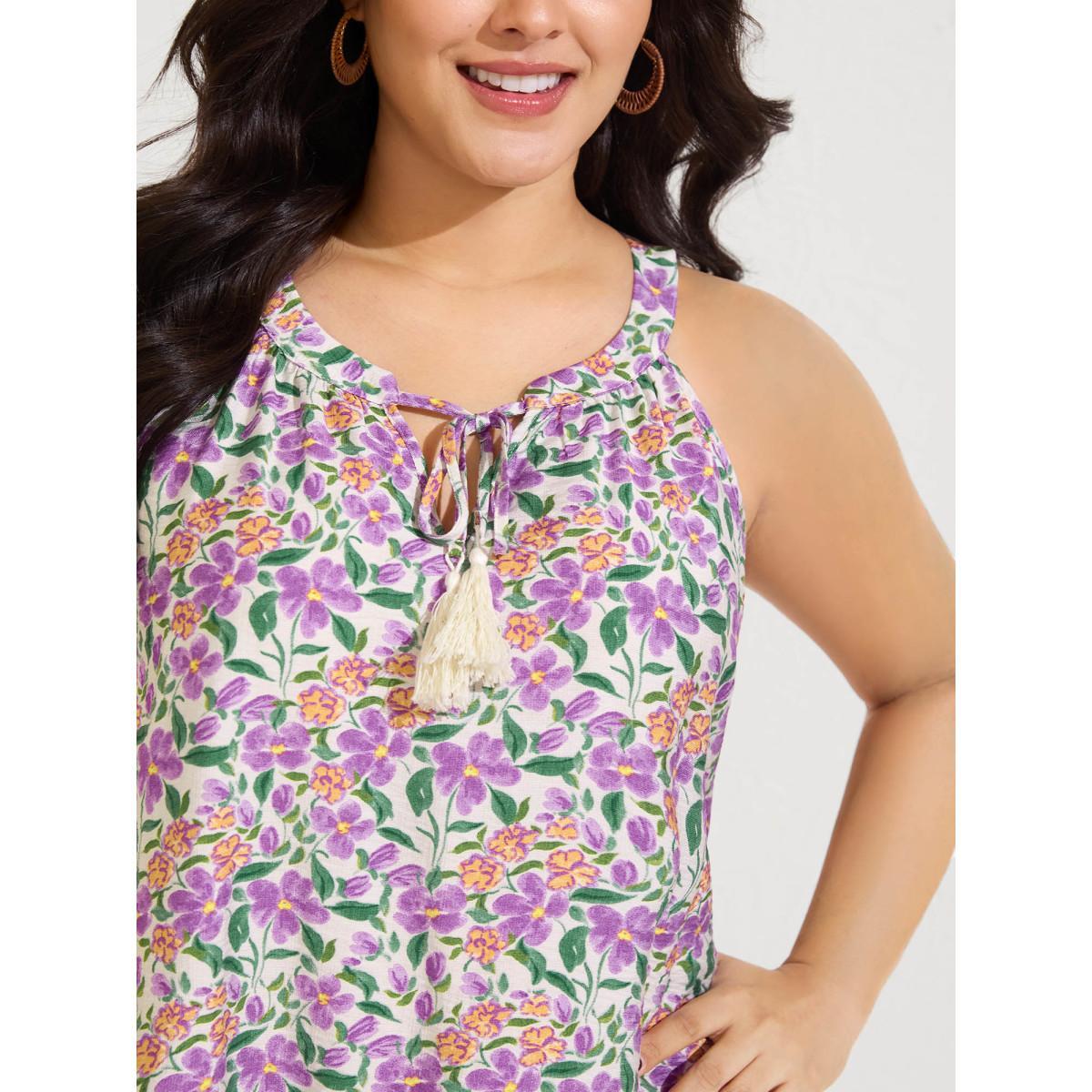 Plus Size Floral Print Neck Tassels Tank Top Women Multicolor Tie knot Round Neck Vacation Tank Tops Camis BloomChic 14-16/1X Product Image