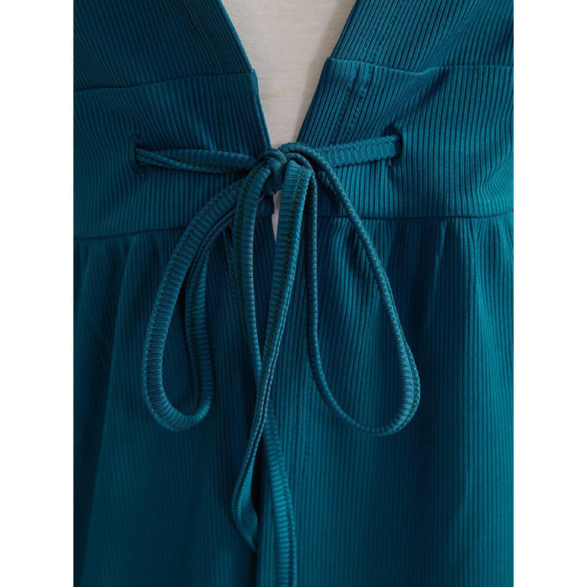 Plus Size Plain Drawstring Knot Gathered Open Front Coat Women Cyan Casual Plain Dailywear Kimonos BloomChic 10/M Product Image