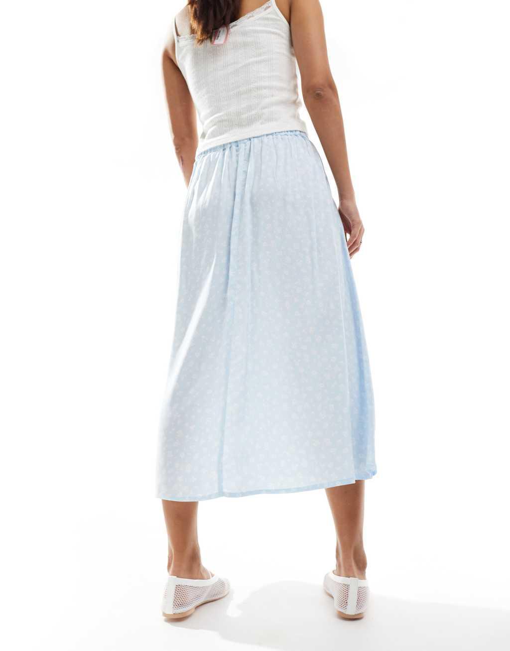 Monki midi skirt in blue meadow floral Product Image
