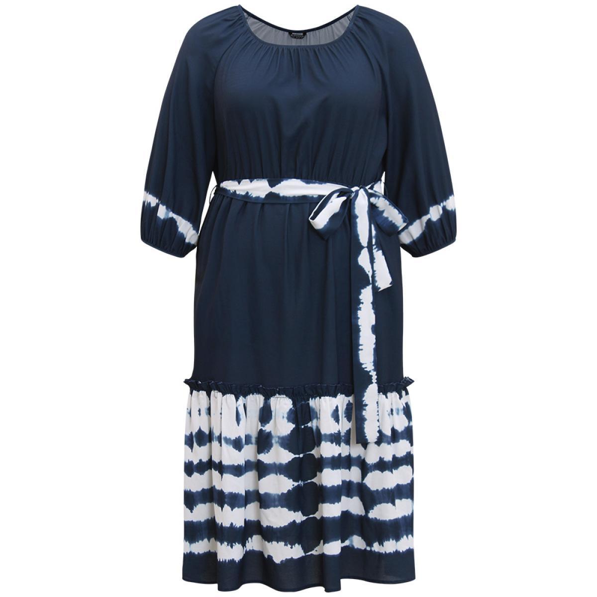 Plus Size Tie Dye Gathered Belted Lantern Sleeve Dress DarkBlue Women Vacation Elastic cuffs Round Neck Elbow-length sleeve Curvy Midi Dress BloomChic 18-20/2X Product Image