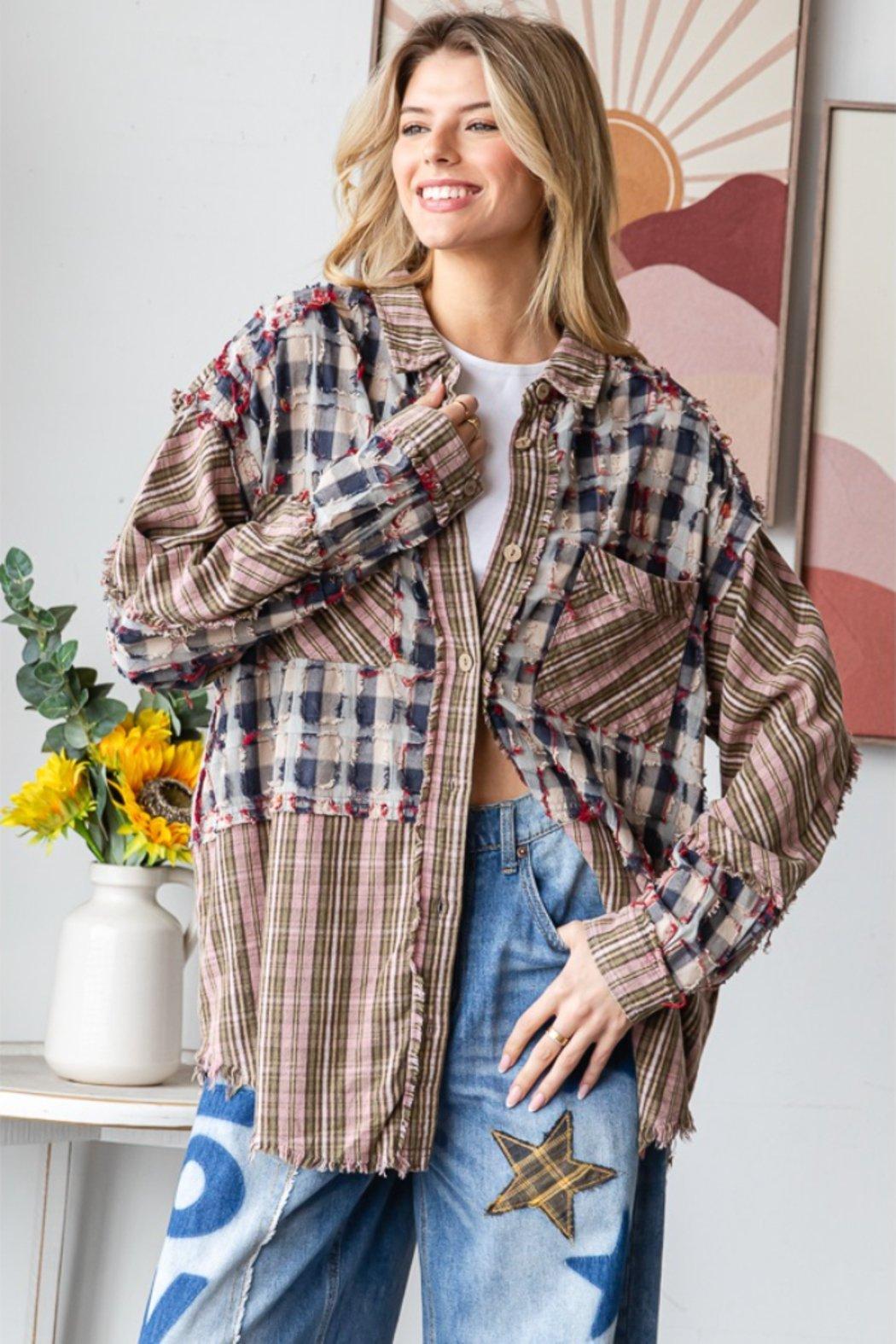 Oli & Hali Plaid Distressed Button Down Shirt Product Image
