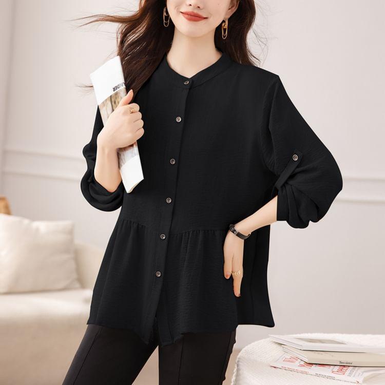 3/4 Sleeve Stand Collar Loose Fit Blouse Product Image