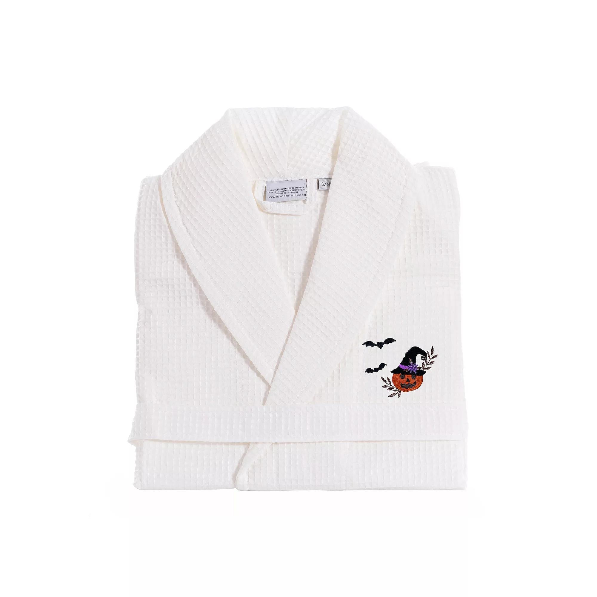 Linum Home Textiles Adult 100% Turkish Cotton Waffle Weave Embroidered Bathrobe - Pumpkin Head, Women's, Size: Small/Medium, White Product Image