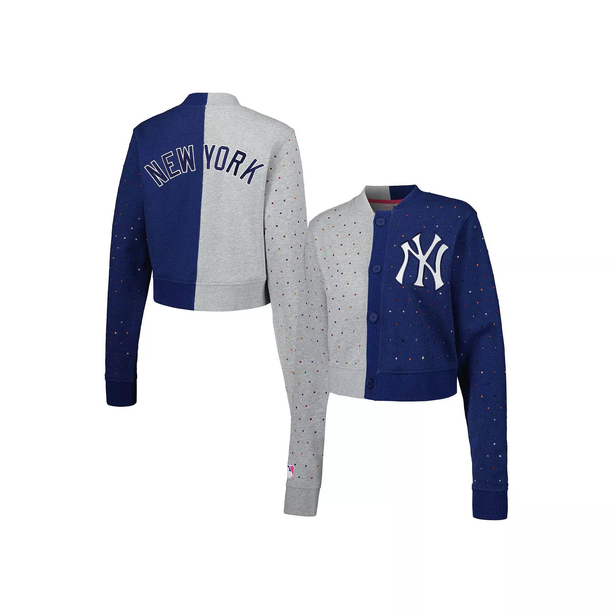 Women's Gray/Navy New York Yankees Cropped Button-Up Cardigan, Size: Medium, Grey Product Image