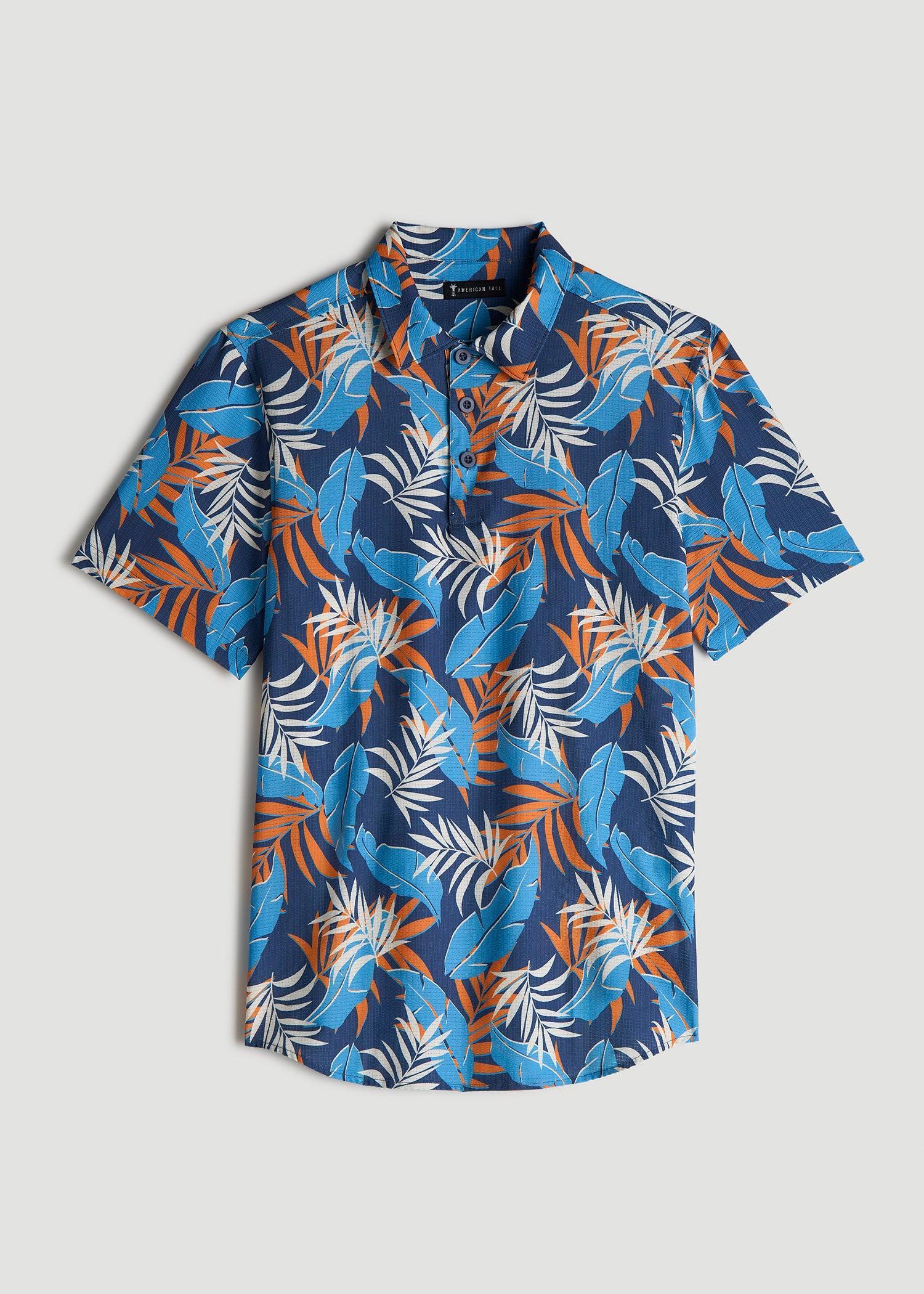 Coastal Perforated Tall Men's Polo Shirt in Blue and Orange Palms Product Image
