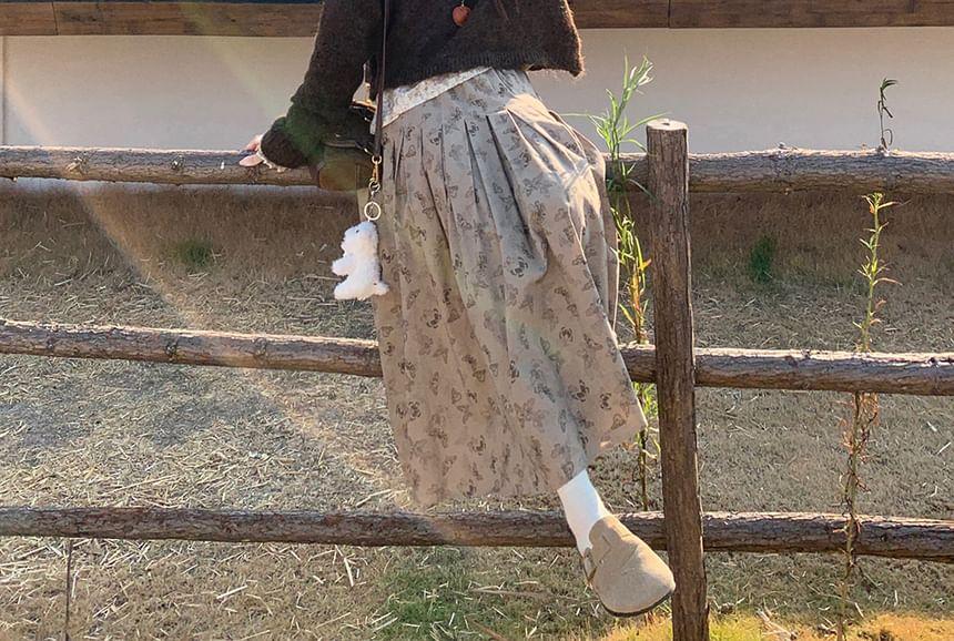 V-Neck Plain Sweater / Long-Sleeve Lace Top / High Waist Print Maxi A-Line Skirt Product Image
