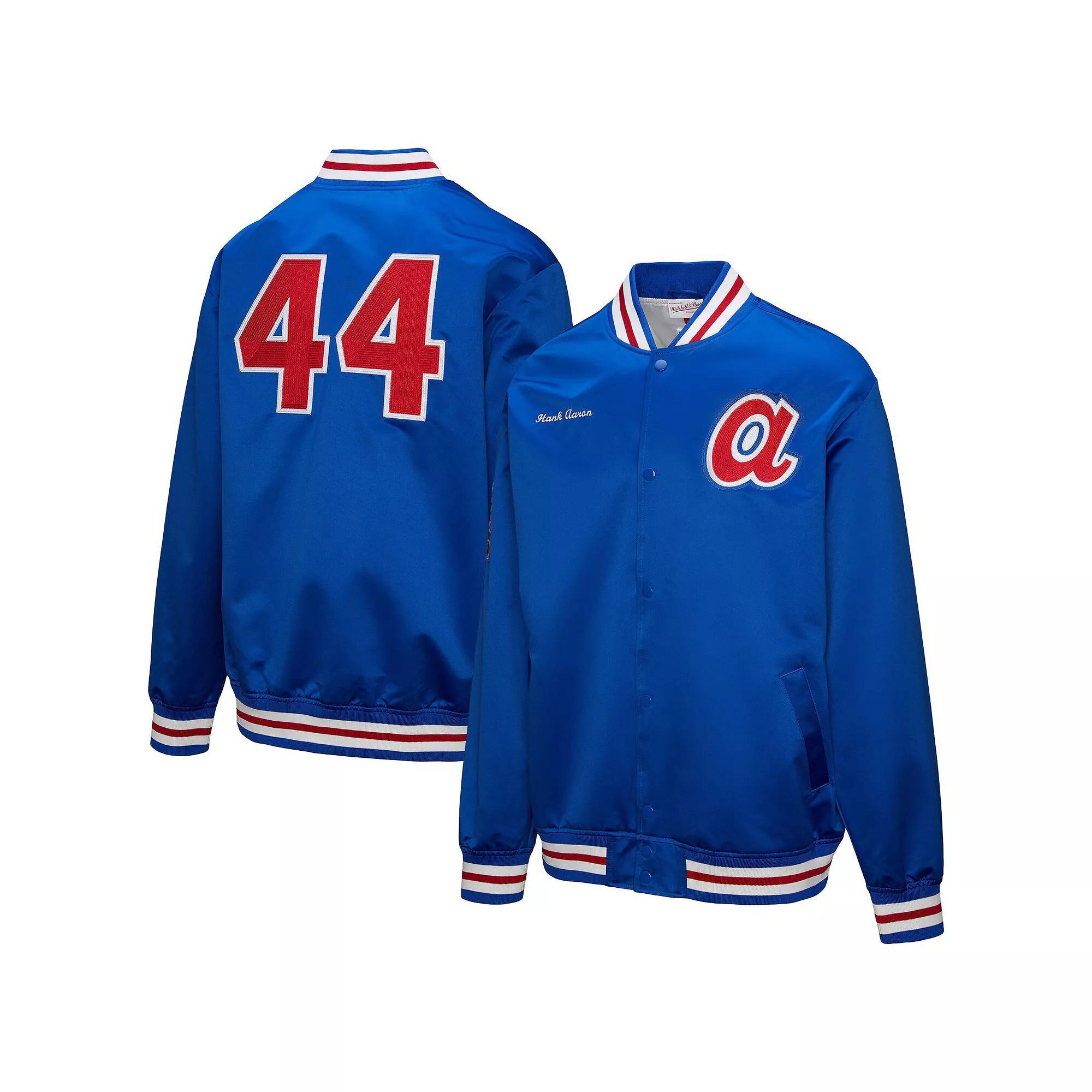 Men's Mitchell & Ness Hank Aaron Royal Atlanta Braves Legends Collection Vintage Satin Full-Snap Jacket, Size: Small, Blue Product Image