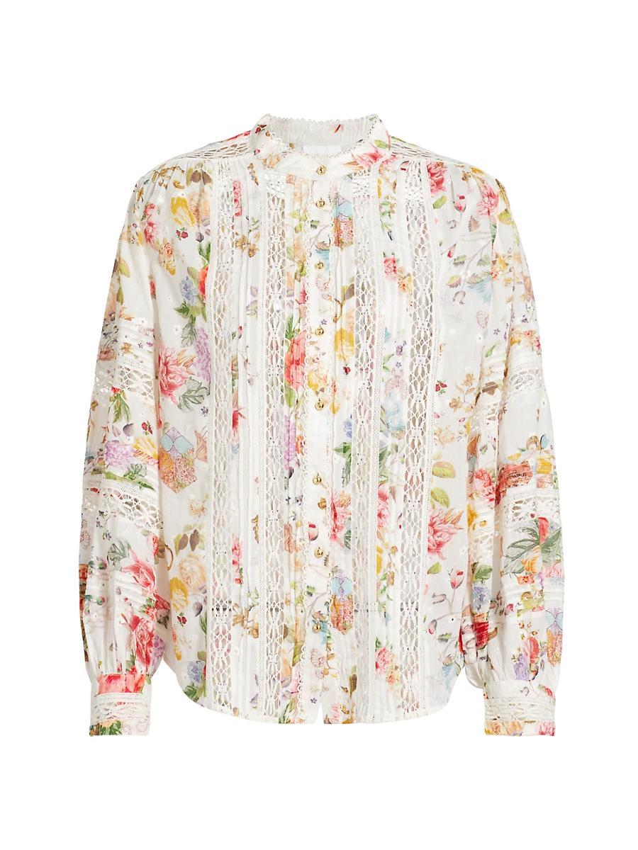 Womens Lace-Trimmed Floral Cotton Blouse Product Image