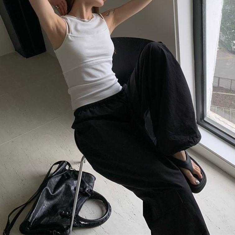 Mock Two-Piece Round Neck Plain Crop Tank Top Product Image