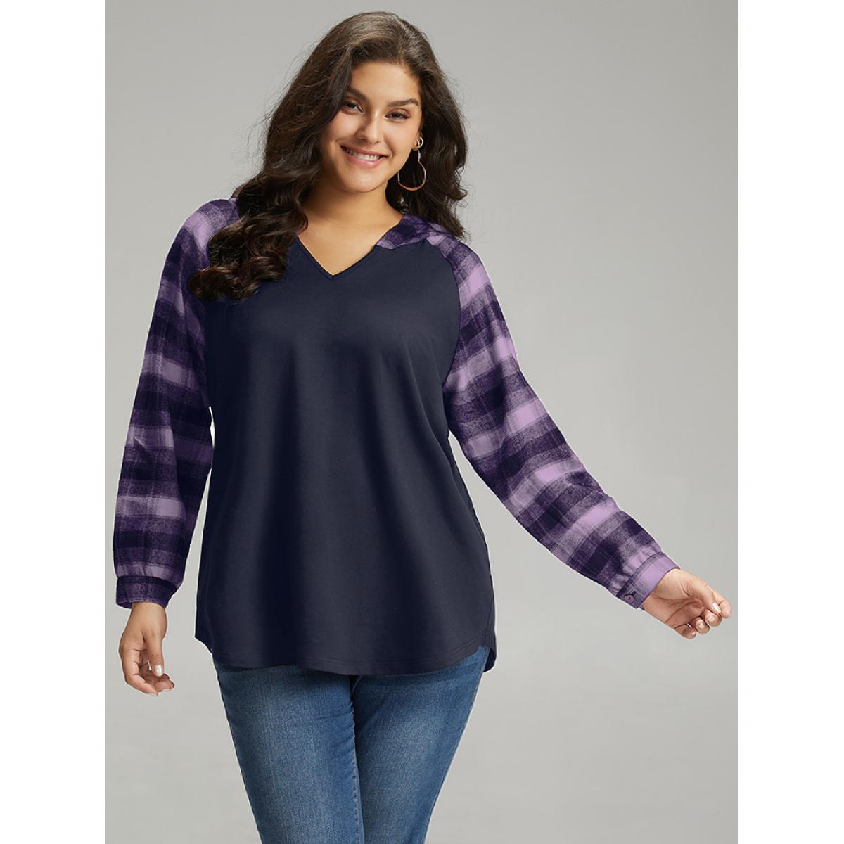 Plus Size Plaid Print Hooded Patchwork Sweatshirt Women Indigo Casual Patchwork Hooded Everyday Sweatshirts BloomChic 28/5X Product Image