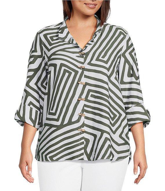 Ali Miles Plus Size Woven Printed Wire Collar 3/4 Sleeve Hi-Low Hem Button Front Tunic Product Image
