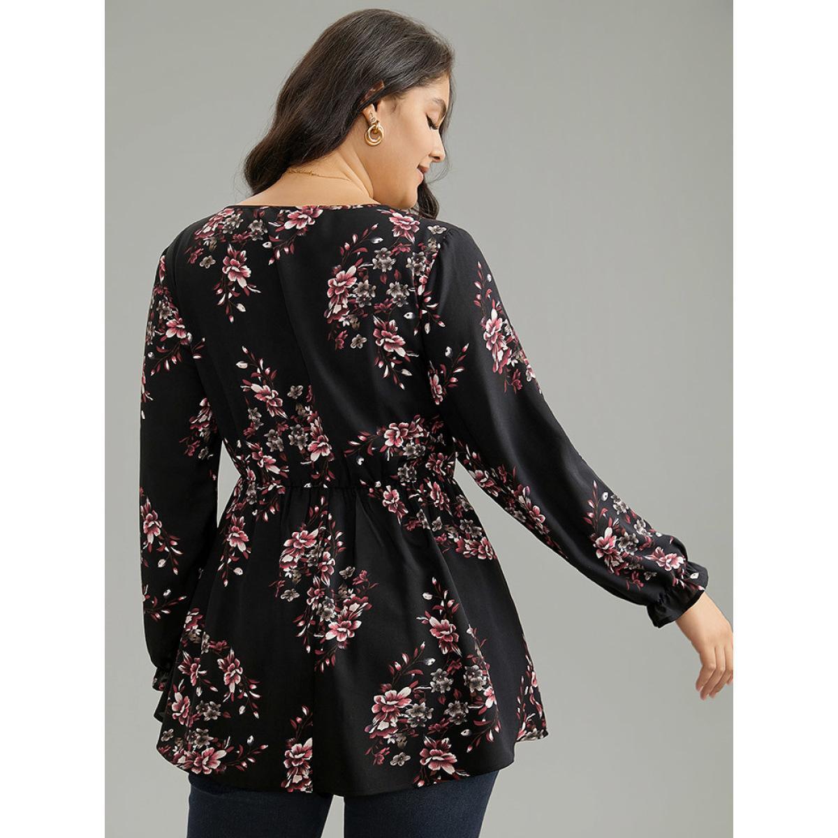 Plus Size BlackFlower Floral Elastic Waist Ruffles Ties Lantern Sleeve Blouse Women Elegant Long Sleeve V-neck Work Blouses BloomChic 18-20/2X Product Image