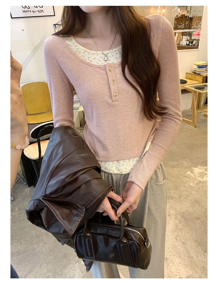 Long Sleeve Mock Two Piece Floral Print Color-Block Slim-Fit Crop Top Product Image