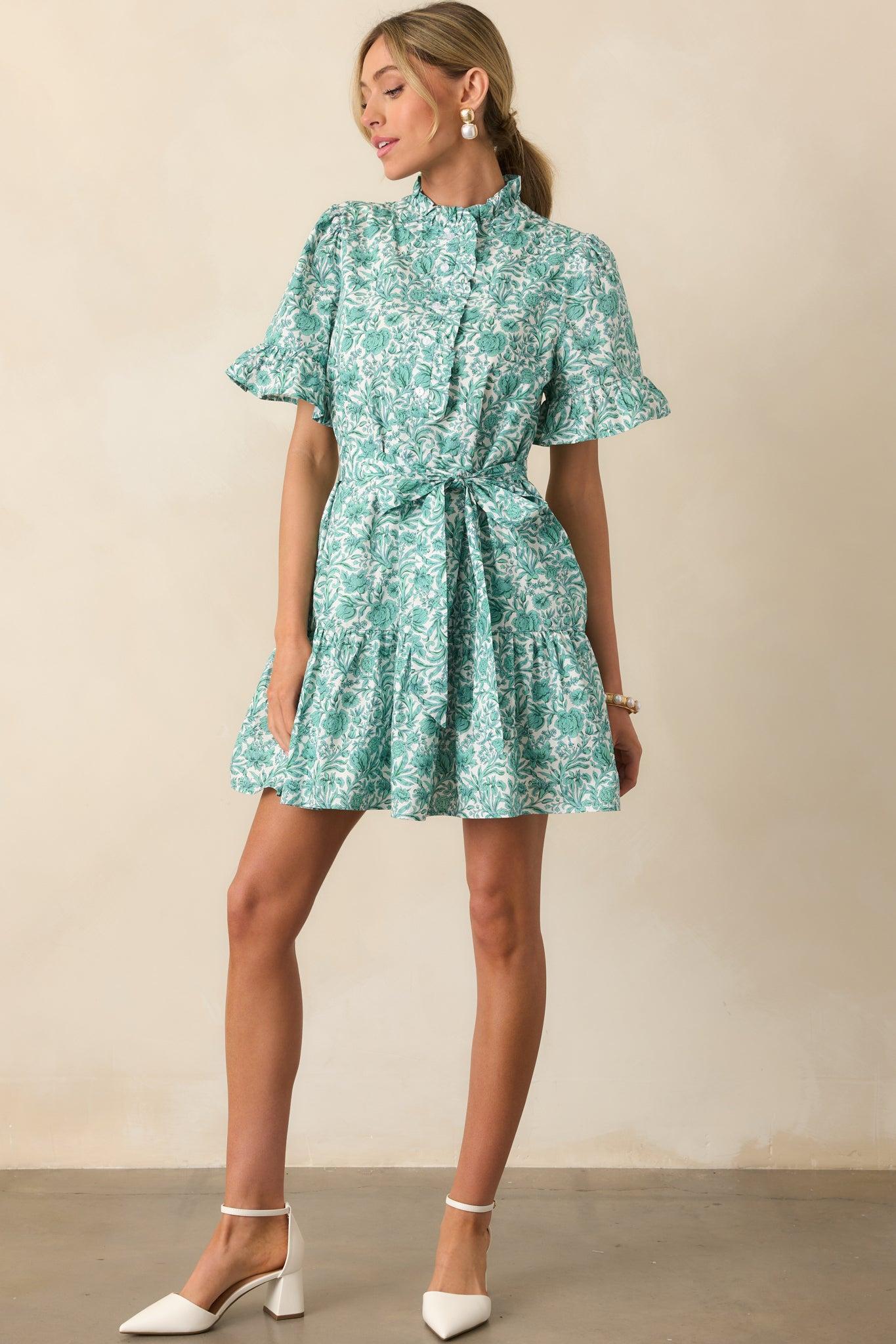 The Right Timing Teal Green Floral Cotton Mini Shirt Dress Product Image