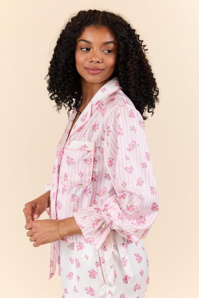 Sleep On My Side Pink Floral Satin Long Sleeve Pajama Top FINAL SALE Product Image