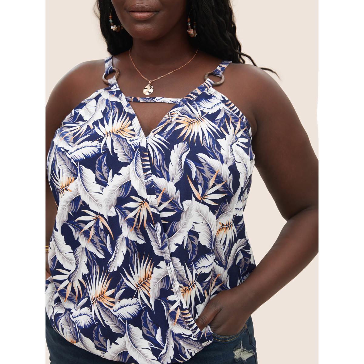Plus Size Tropical Print Wrap Cut Out Cami Top Women Indigo Resort Overlapping Notched collar Vacation Tank Tops Camis BloomChic 12/L Product Image