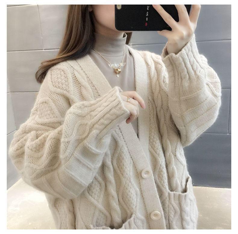 V-Neck Plain Cable Knit Button-Up Oversized Cardigan Product Image